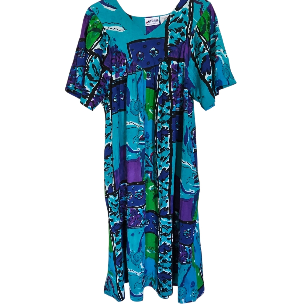 100% Cotton Lounger Dress 1X Teal Purple Floral Abstract Muu Muu Boho y2k